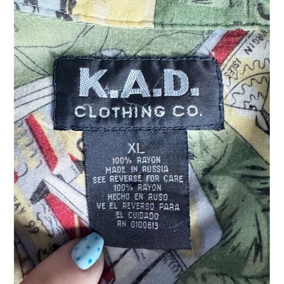 Vintage K.A.D. Men's Sz XL Green Button Up Camp Hawaiian Bowling Print Shirt - Picture 4 of 11